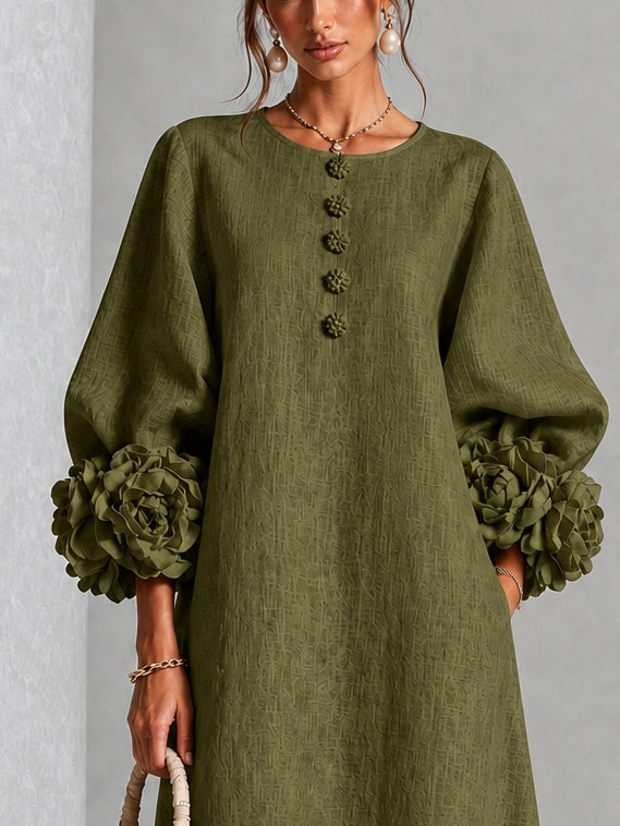 Capucine | Midi-Kleid mit Puffärmeln und floralen Knöpfen