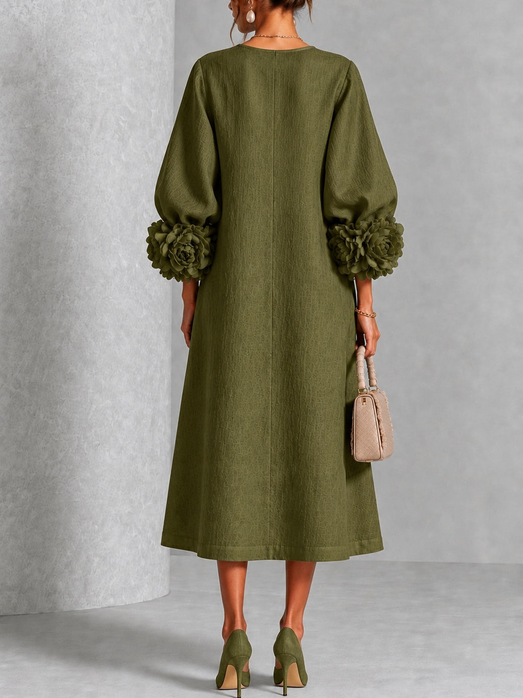 Capucine | Midi-Kleid mit Puffärmeln und floralen Knöpfen