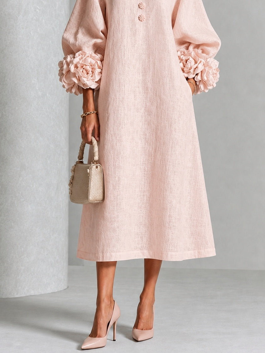 Capucine | Midi-Kleid mit Puffärmeln und floralen Knöpfen