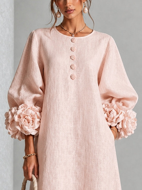 Capucine | Midi-Kleid mit Puffärmeln und floralen Knöpfen