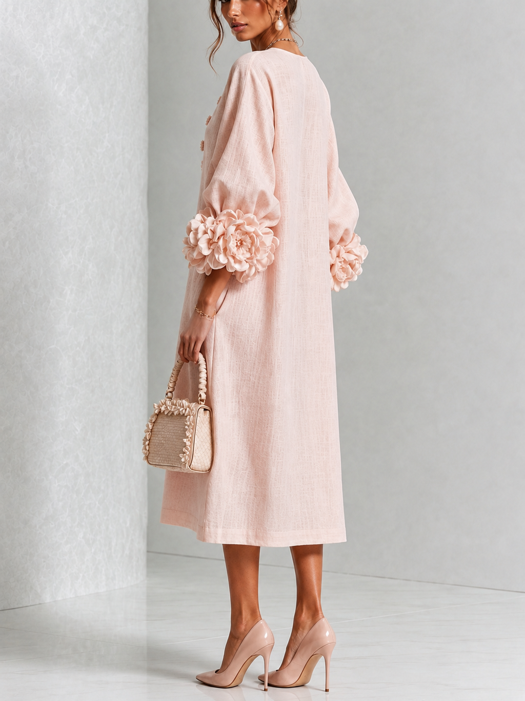 Capucine | Midi-Kleid mit Puffärmeln und floralen Knöpfen