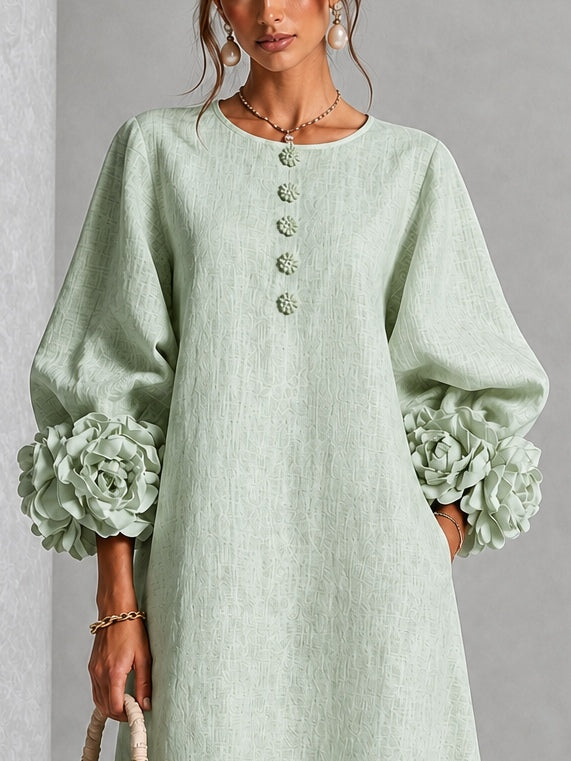 Capucine | Midi-Kleid mit Puffärmeln und floralen Knöpfen