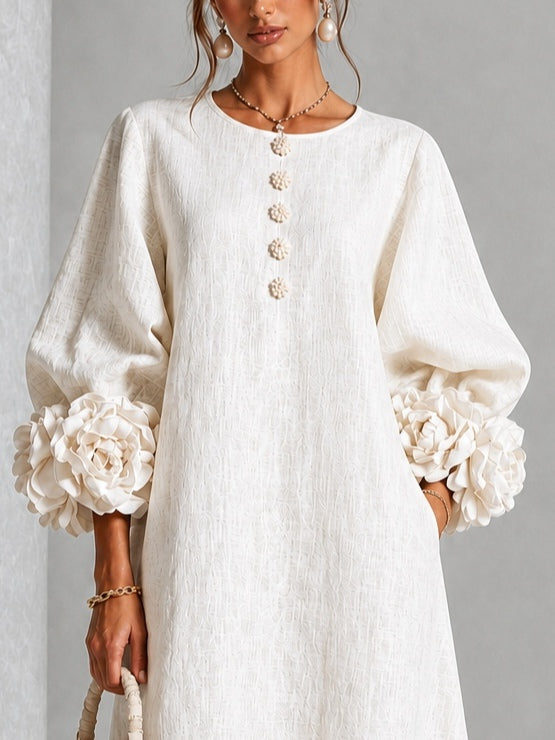 Capucine | Midi-Kleid mit Puffärmeln und floralen Knöpfen