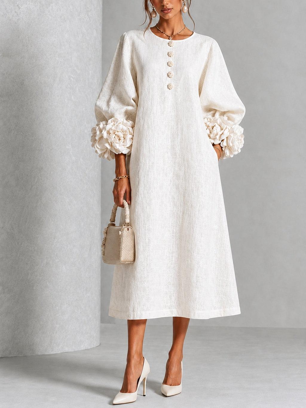 Capucine | Midi-Kleid mit Puffärmeln und floralen Knöpfen