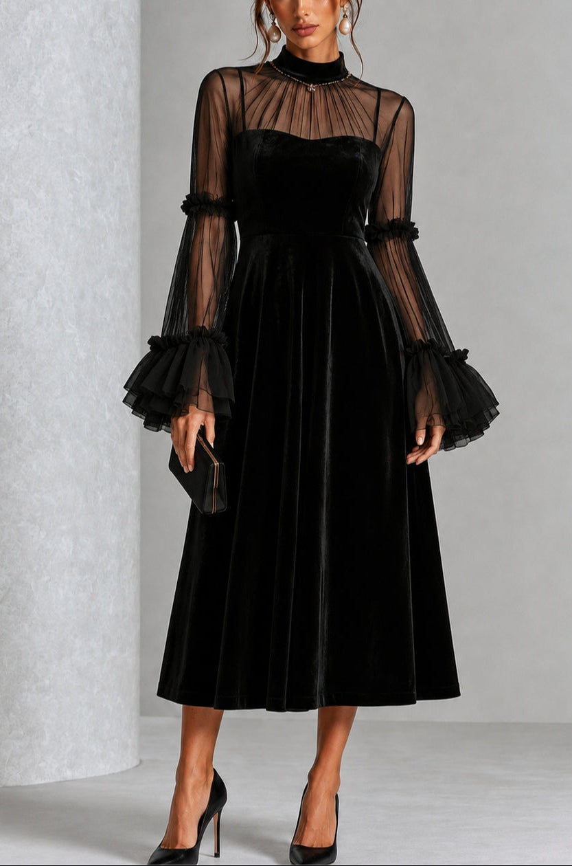 Éléonore | Plissiertes Samtkleid in Midi-Länge