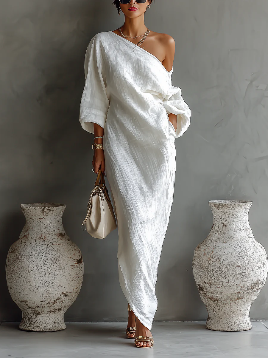 Élise™ | Robe longue blanche élégante à épaules dénudées