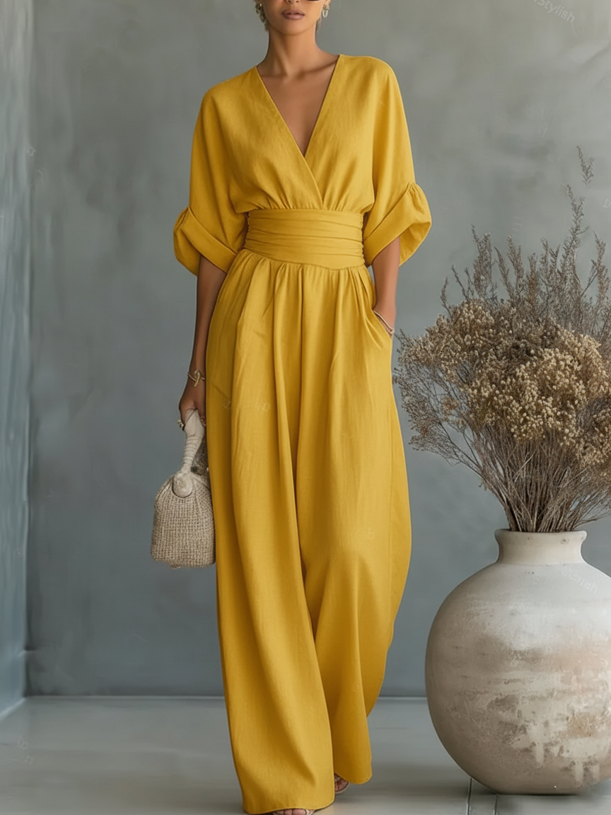 Combinaison élégante taille haute col V