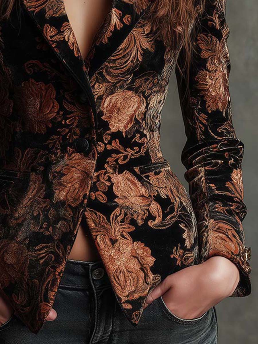 Bertille | Floral Print Blazer in Black and Bronze