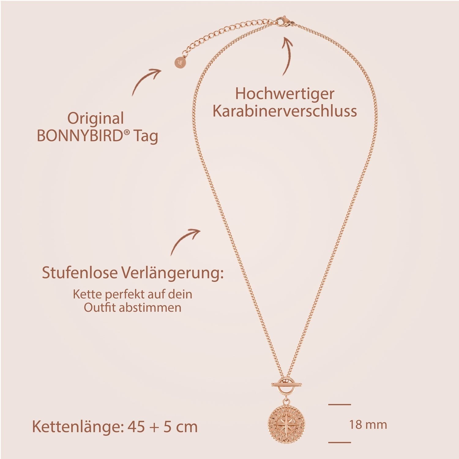 Collier BonnyCompass avec pendentif boussole or rose