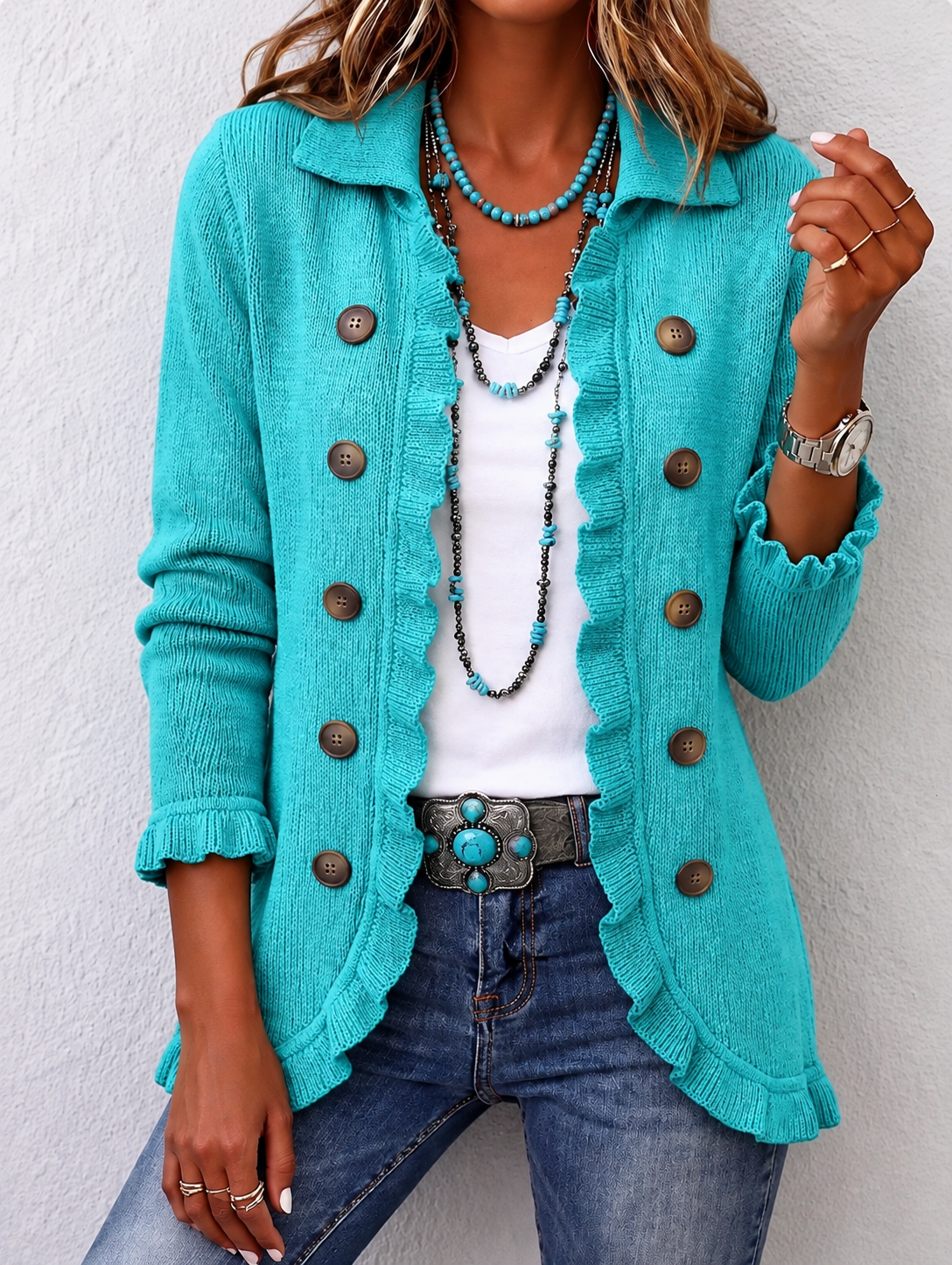 Maribel | Türkise Strickjacke mit Rüschen