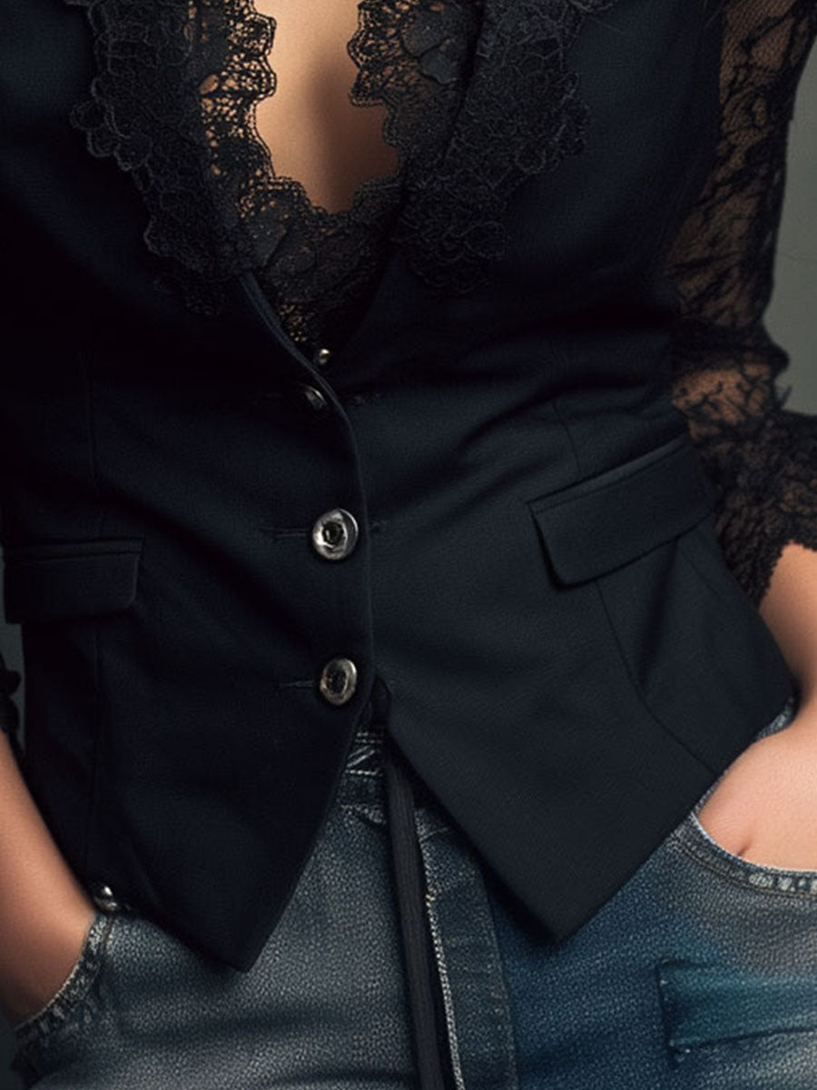 Noémie | Schwarzer Blazer mit Halbdurchsichtigen Ärmeln