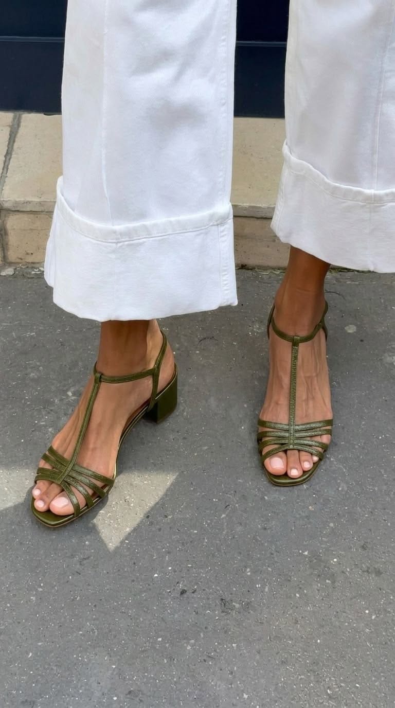 Sandales à brides en T métallisées avec boucle et talon carré