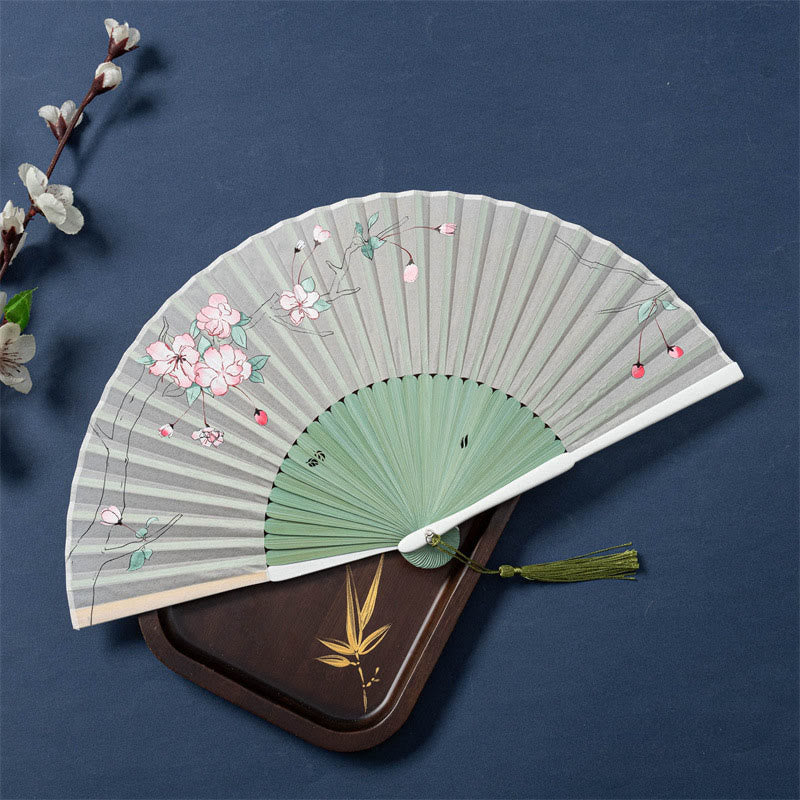 Faltbarer Handfächer aus Seide und Bambus mit Buddha-Motiven, Lotus, Begonie, Blume und Jasmin – 21 cm