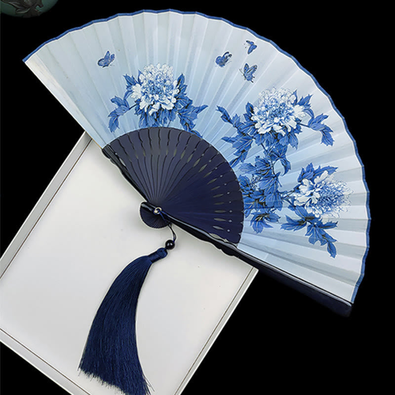 Vintage Buddha Stones Silk Hand Fan with Bamboo Frame - Peony Butterfly Lotus Design