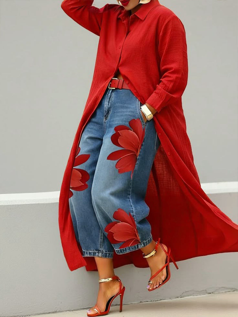 Ensemble fleuri rouge : jean et chemise 🌼