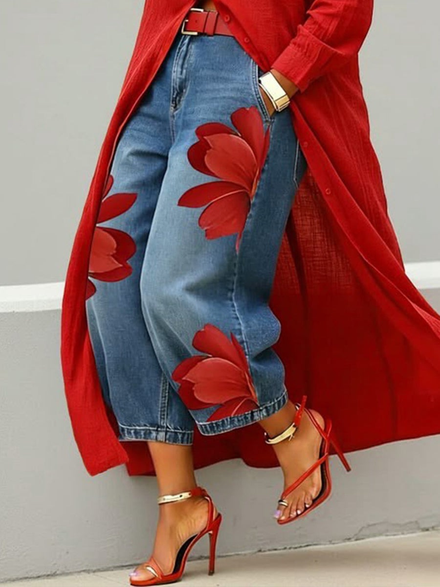 Ensemble fleuri rouge : jean et chemise 🌼