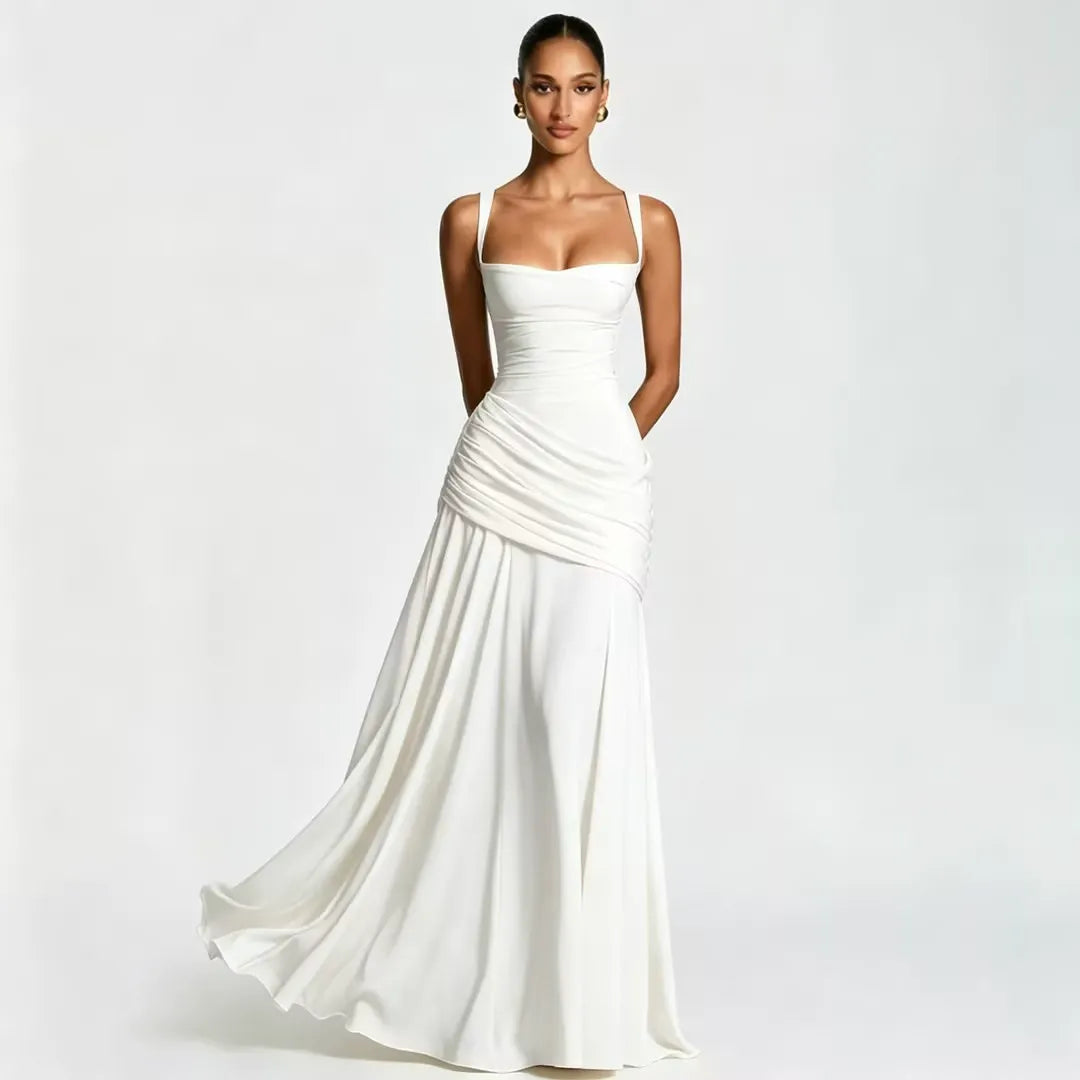 ENIE | Maxikleid mit gerafftem, eckigem Dekolleté