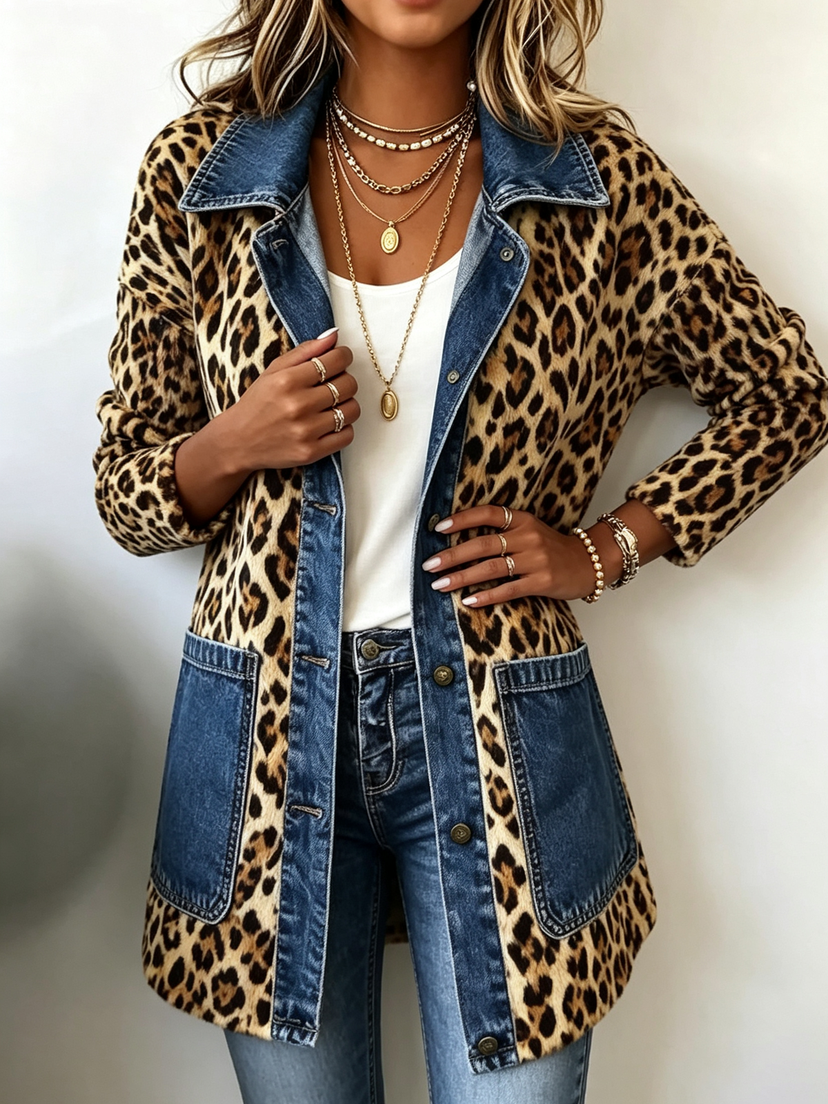 Lorena | Lange Leopardjacke aus Denim