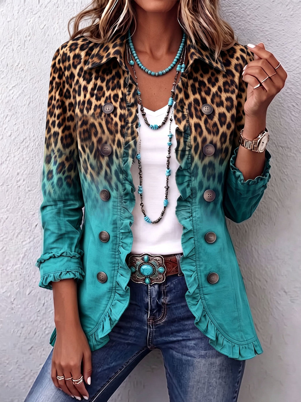 Mercedes | Blazer mit Rüschen im Leoparden-Gradient-Design