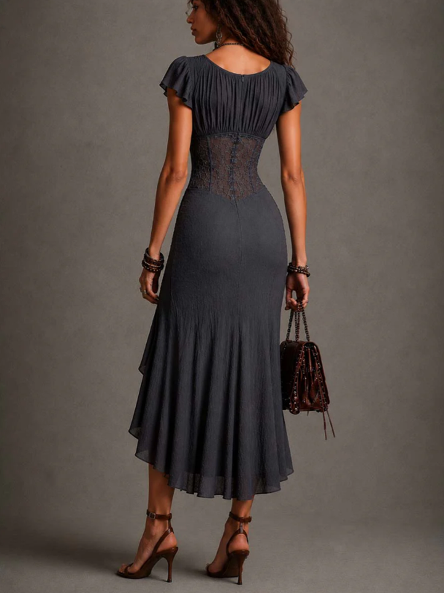 Camélia | Spitzen-Midi-Kleid mit V-Ausschnitt in Anthrazit