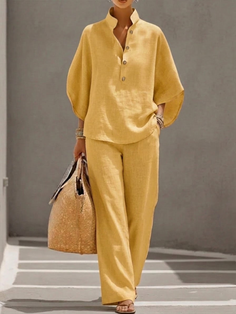 Mariel | Costume en lin à manches chauve-souris et jambes larges