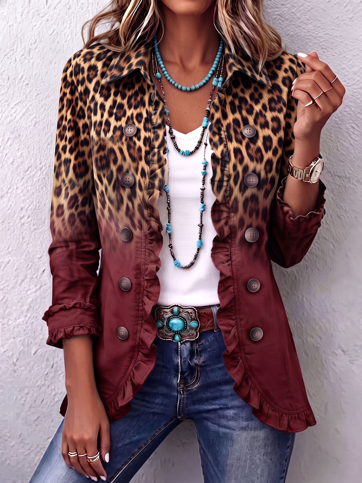 Mercedes | Blazer mit Rüschen im Leoparden-Gradient-Design