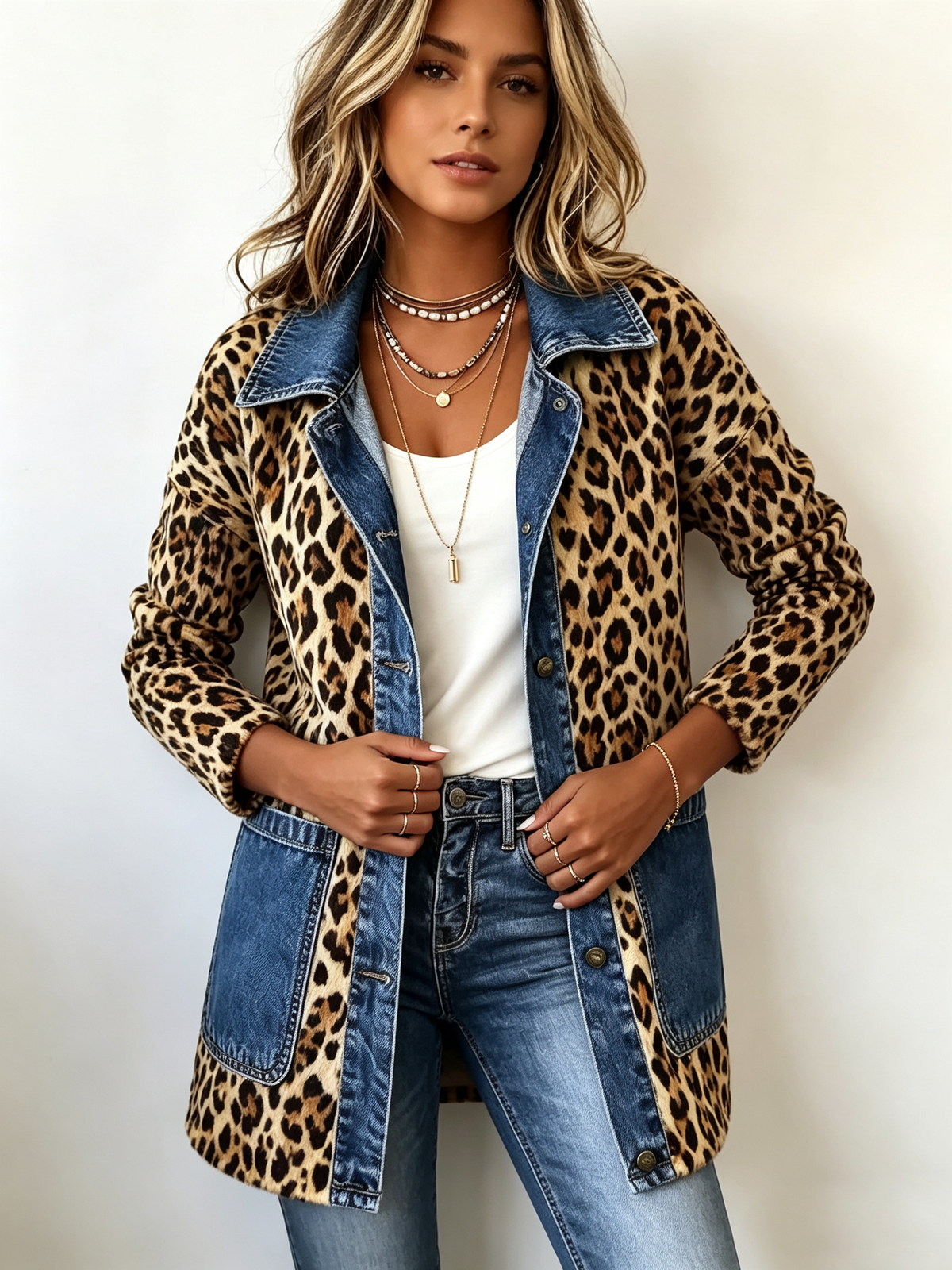 Lorena | Lange Leopardjacke aus Denim