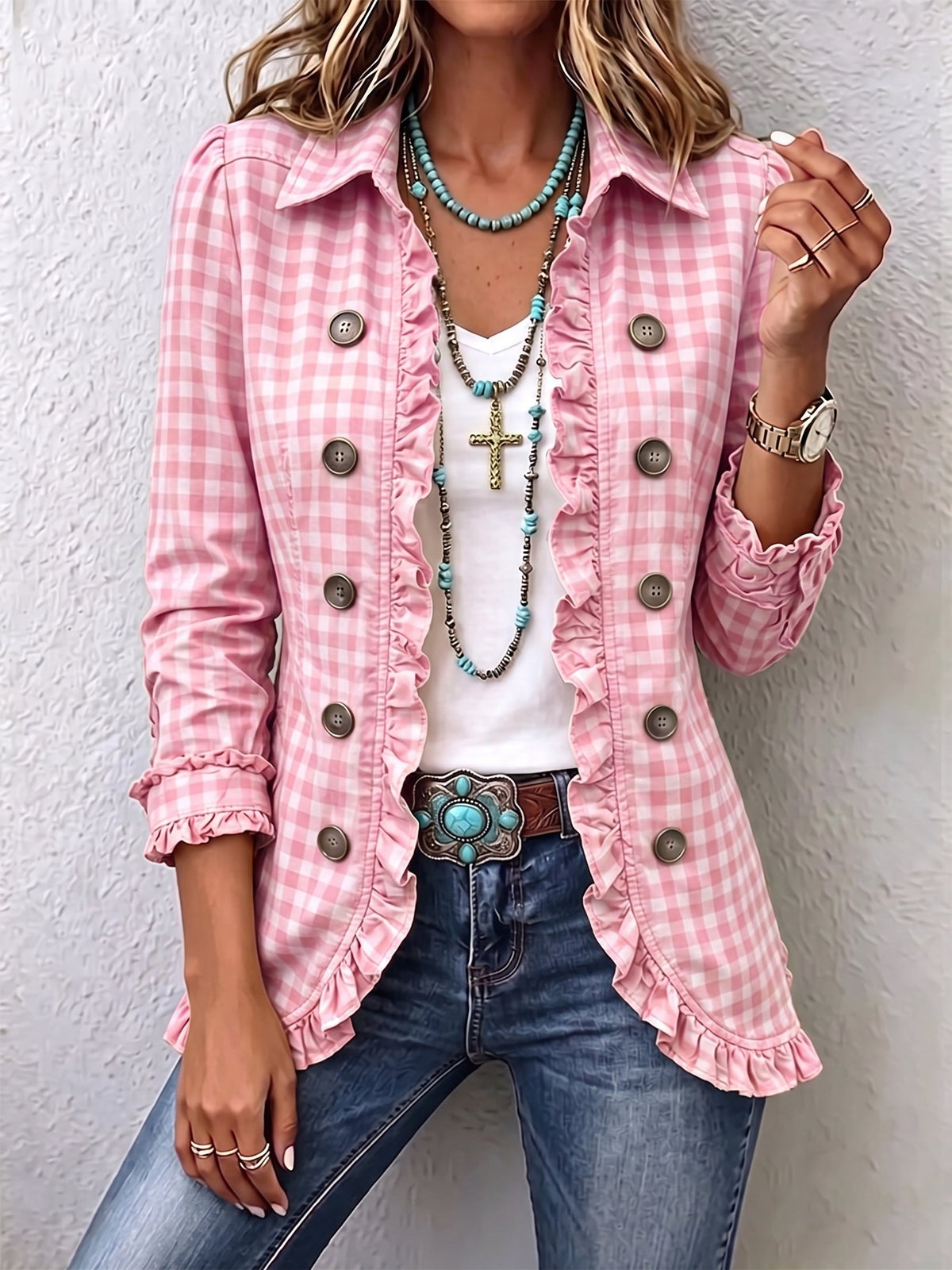 Purificación | Vichy-Karo-Jacke mit Rüschen