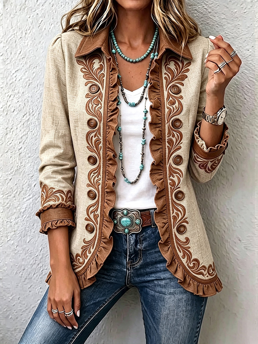 Almudena | Bestickte Blumenjacke mit Rüschenverzierungen