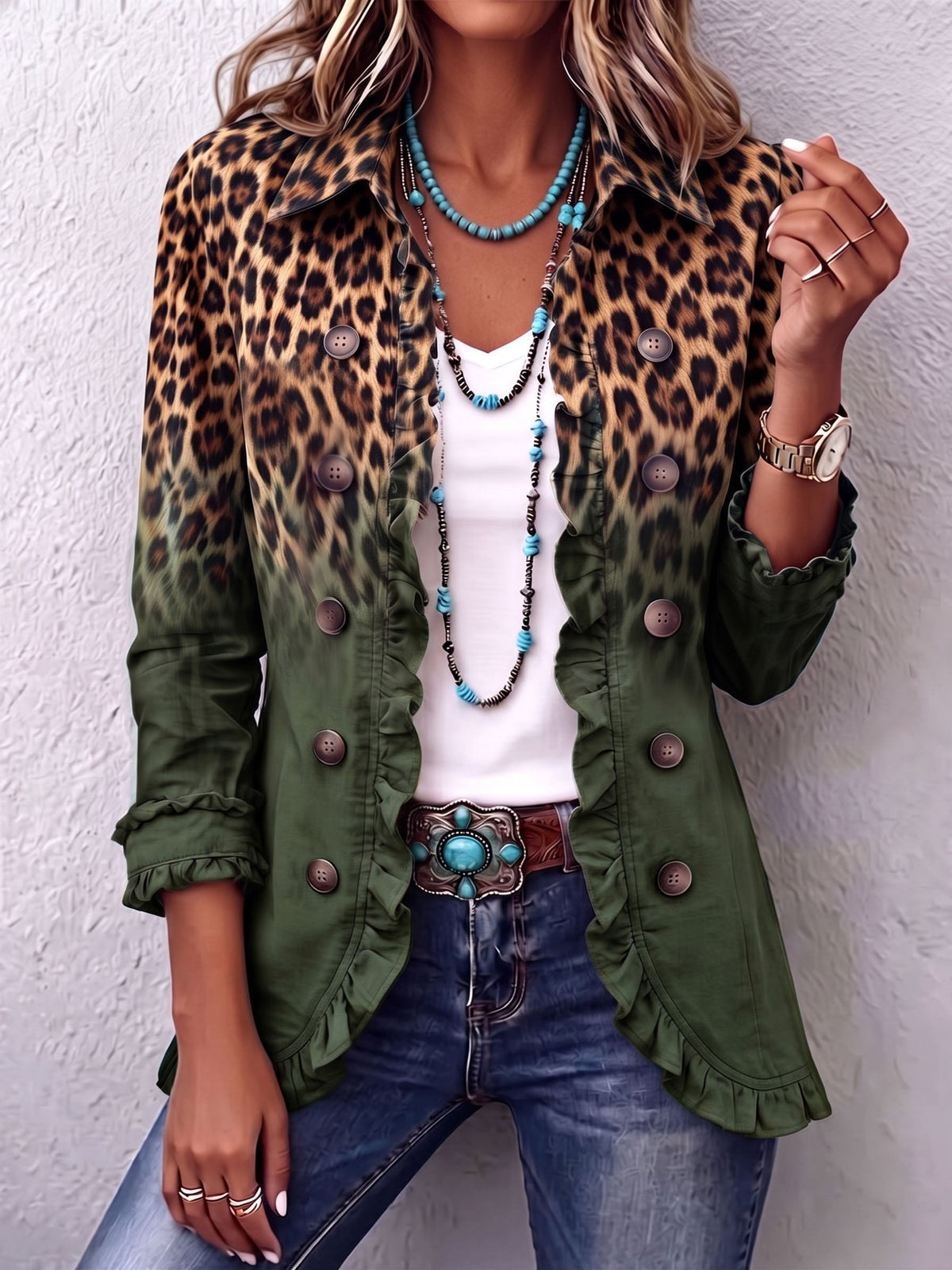 Mercedes | Blazer mit Rüschen im Leoparden-Gradient-Design