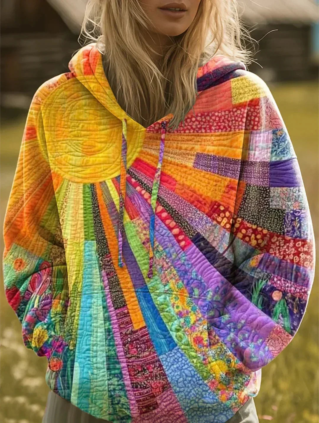 Aurora | Bunt gemusterte Fleecejacke mit Kapuze