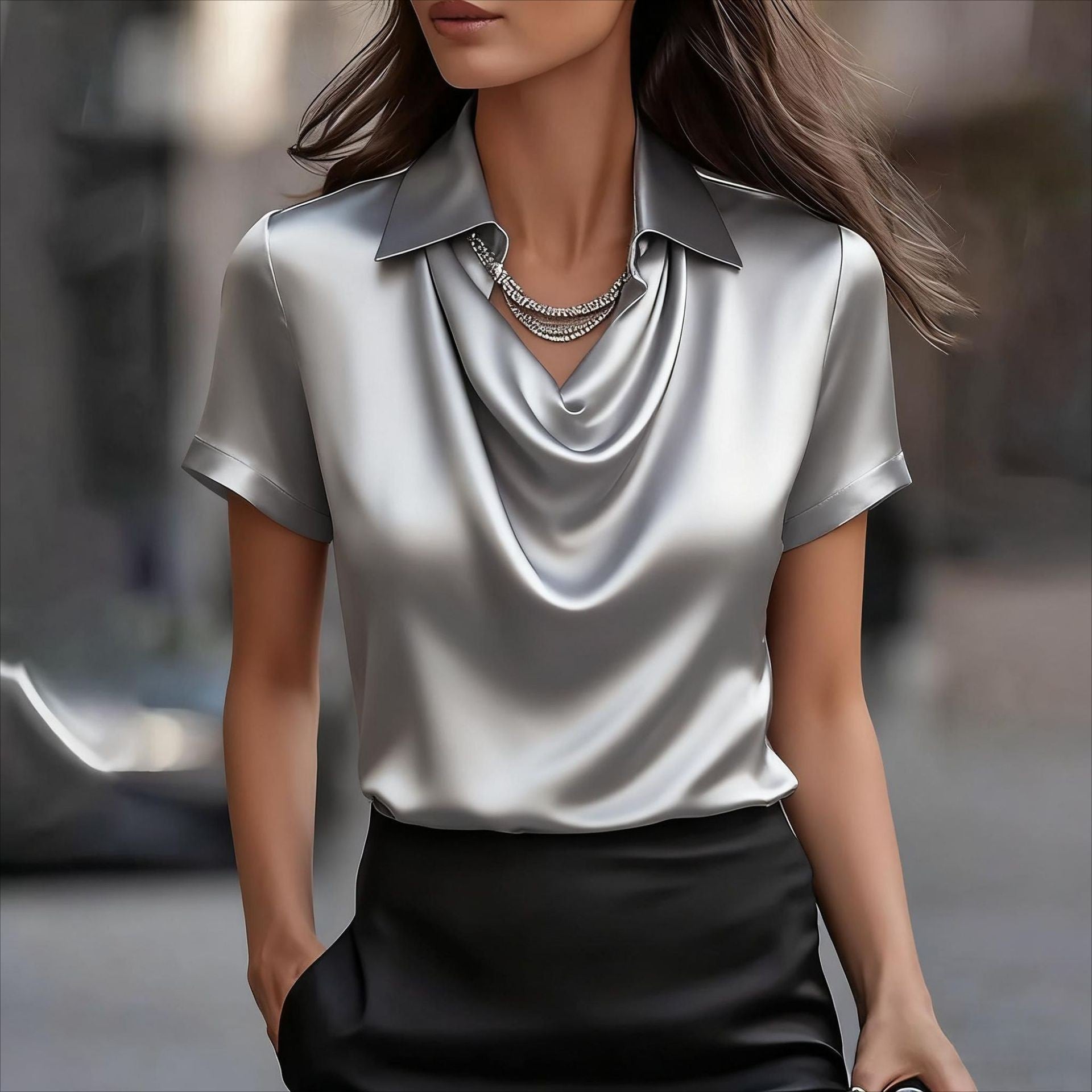 Blouse London Chic en satin à manches courtes et col drapé